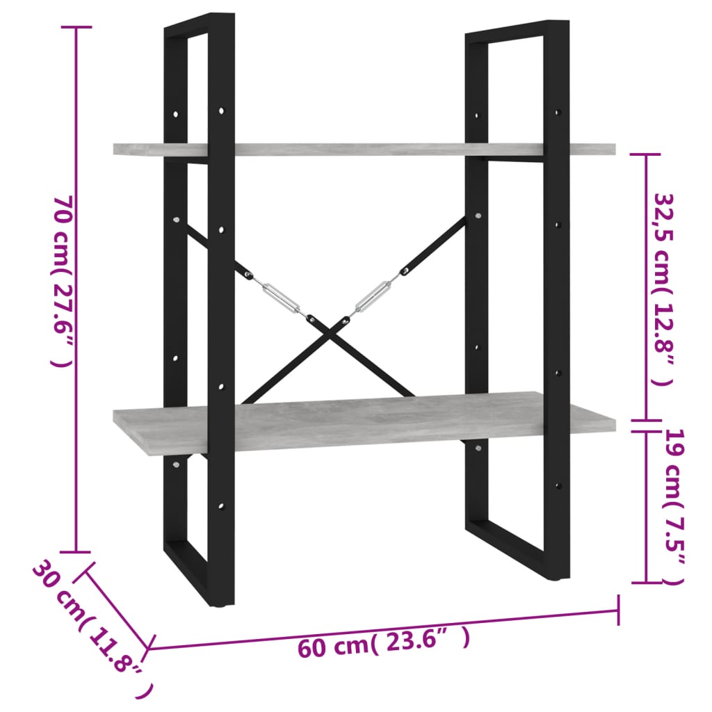 Bokhylla 2 hyllor betonggrå 60x30x70 cm konstruerat trä