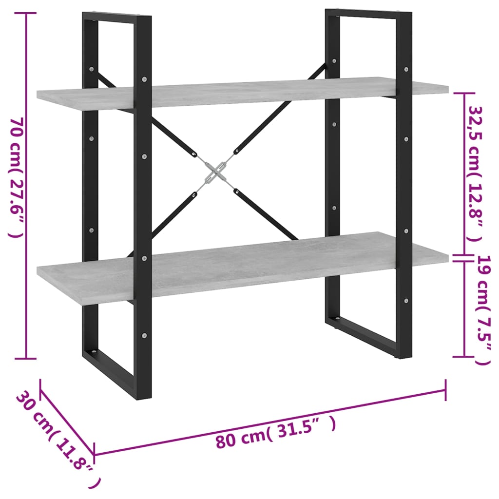 Bokhylla 2 hyllor betonggrå 80x30x70 cm konstruerat trä