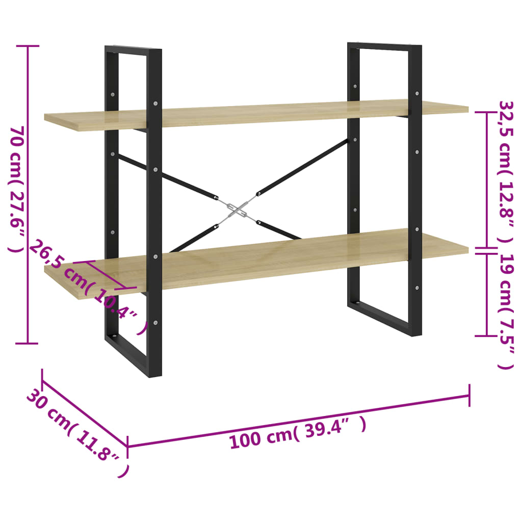 Bokhylla 2 hyllor sonoma-ek 100x30x70 cm konstruerat trä