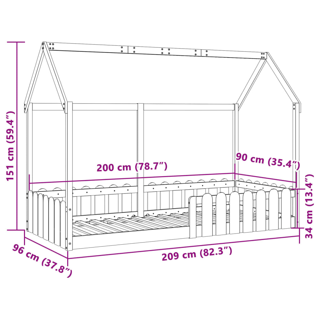 Barnsäng med husram 90x200 cm massiv furu