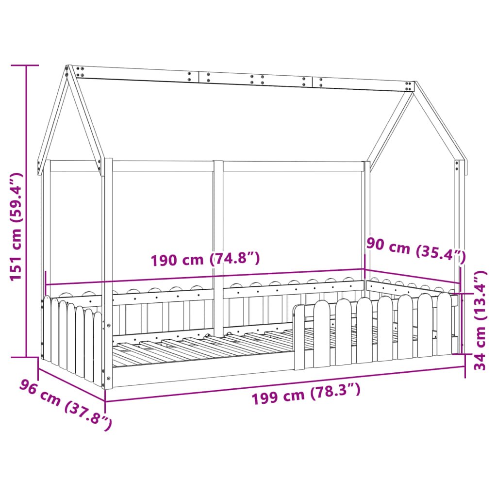 Barnsäng med husram 90x190 cm massiv furu