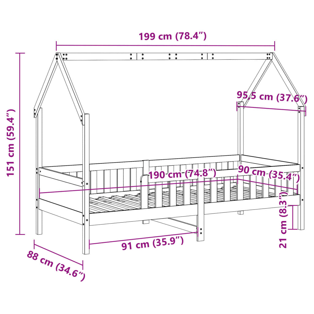 Barnsäng med husram 90x190 cm massiv furu