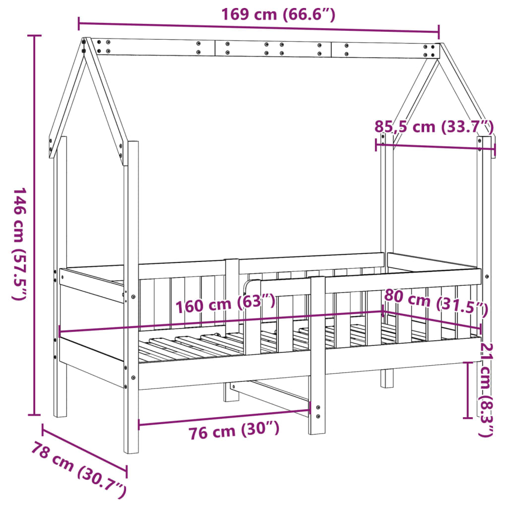 Barnsäng med husram 80x160 cm massiv furu