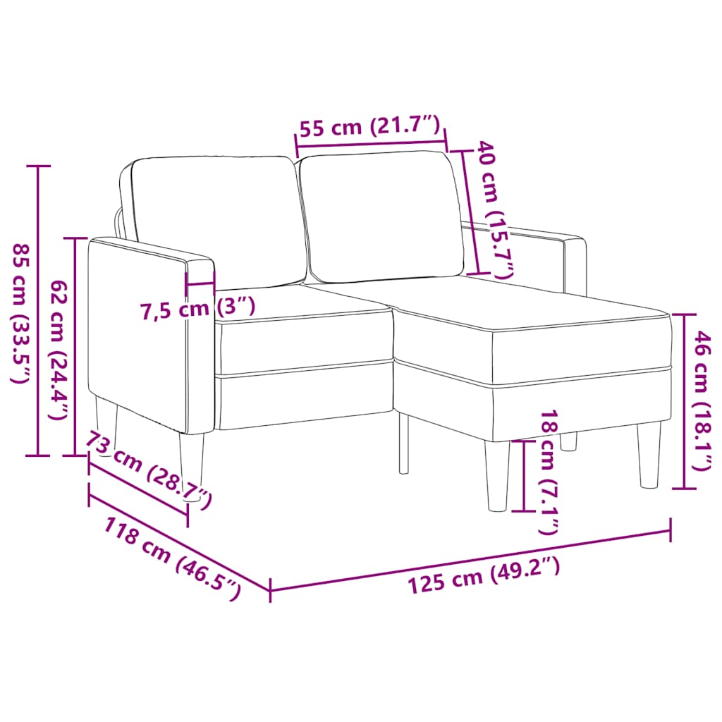 2-sitssoffa med schäslong L-formad gräddvit 125 cm sammet